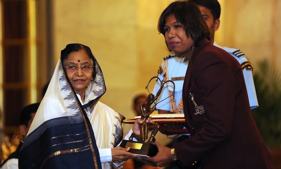 Indian cricketer Jhulan Goswami recieving Padma Shri
