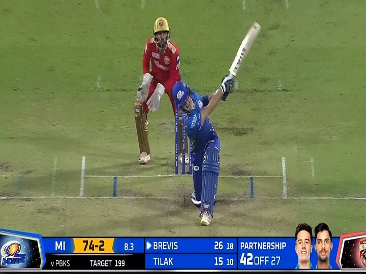 Dewald Brevis 112 Metre SIX WATCH Dewald Brevis IPL 2022 MI vs PBKS Live score Dewald Brevis Age Biggest Six of IPL 2022