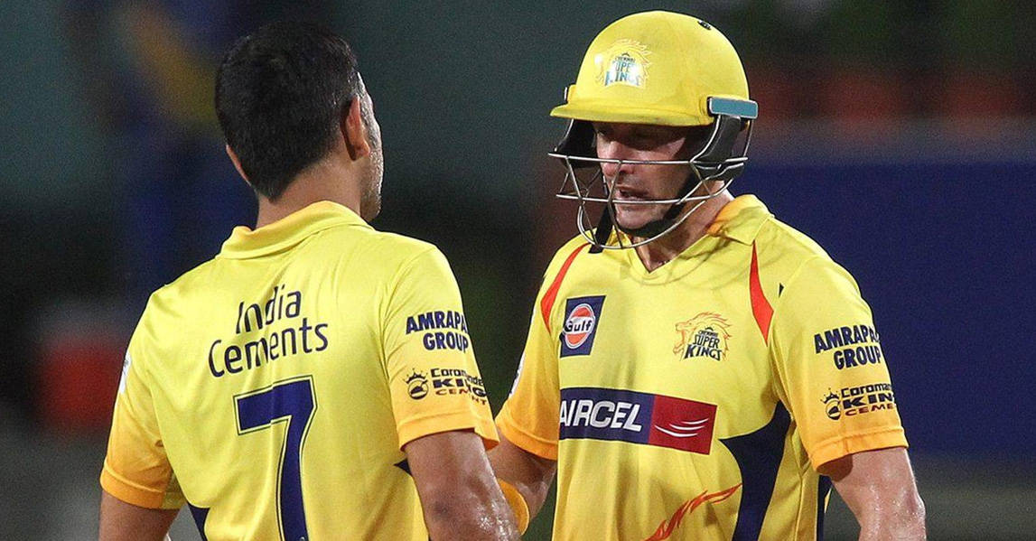 MS Dhoni and Michael Hussey during an IPL match.