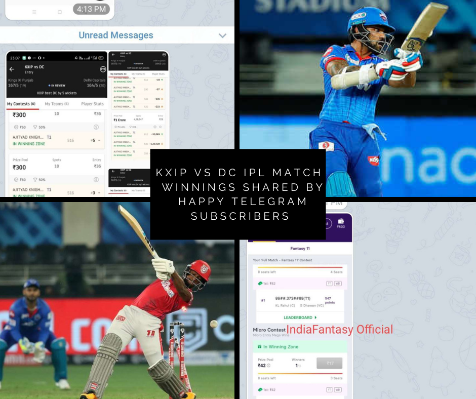 KXIP vs DC Match Gamezy + Dream11 Winnings shared by our Happy Telegram Subscribers