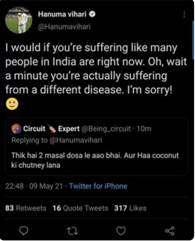 Hanuma Vihari shuts down twitter troll